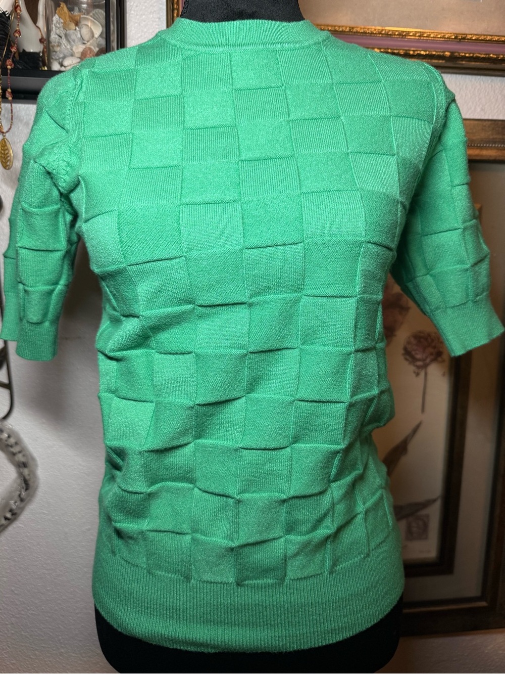 Vine & Love Kelly Green Short Sleeve Checkerboard Knit Sweater •Size S•